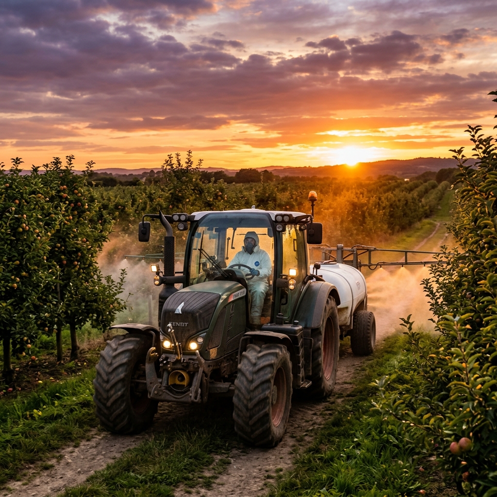 Tractor spraying herbicide at dusk
