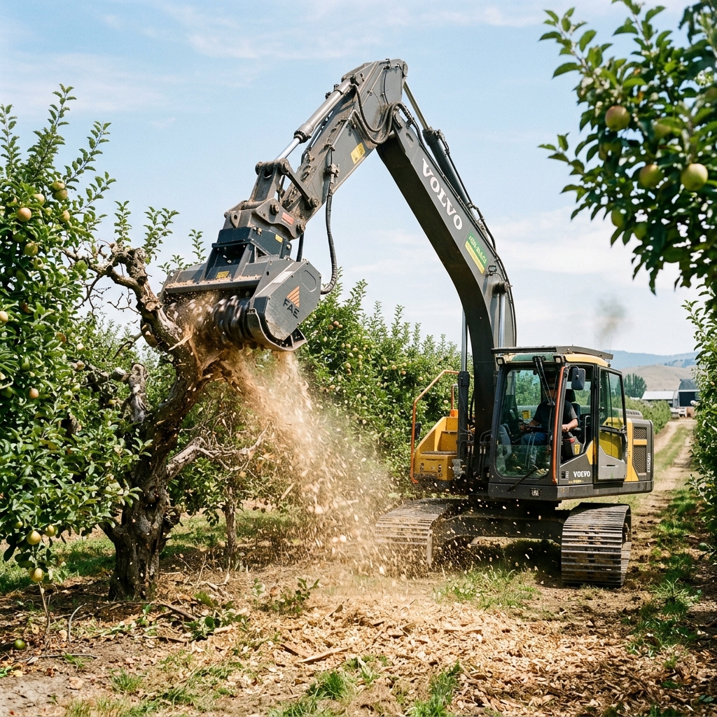 Excavator mulching apple trees