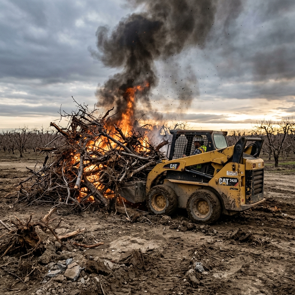 Skid steer pushing burning apple trees