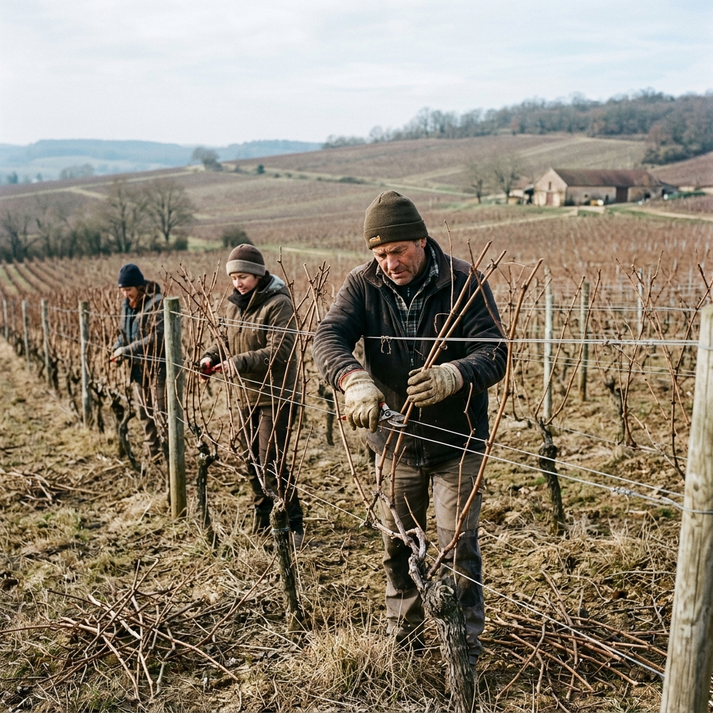 Workers manually pruning wine grape vines