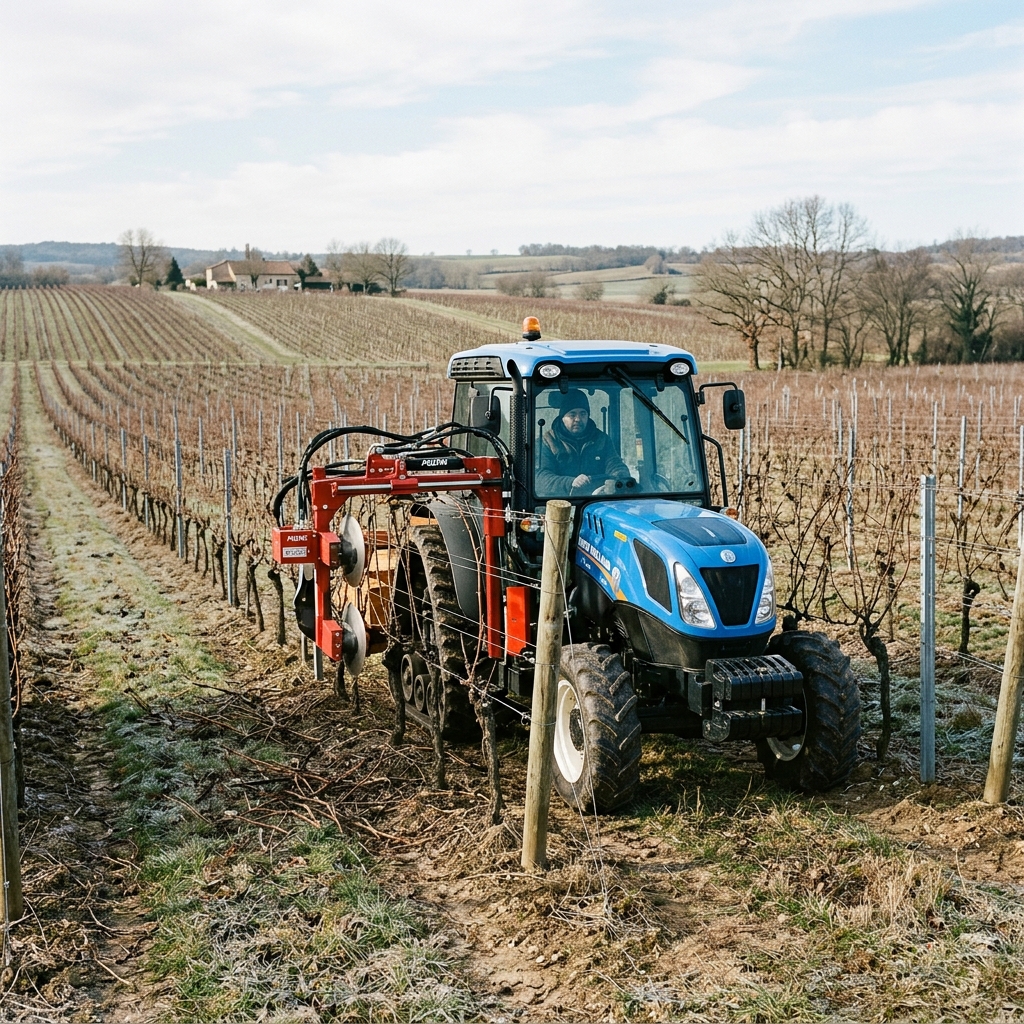 Tractor with optical mechanical pruner trimming vines